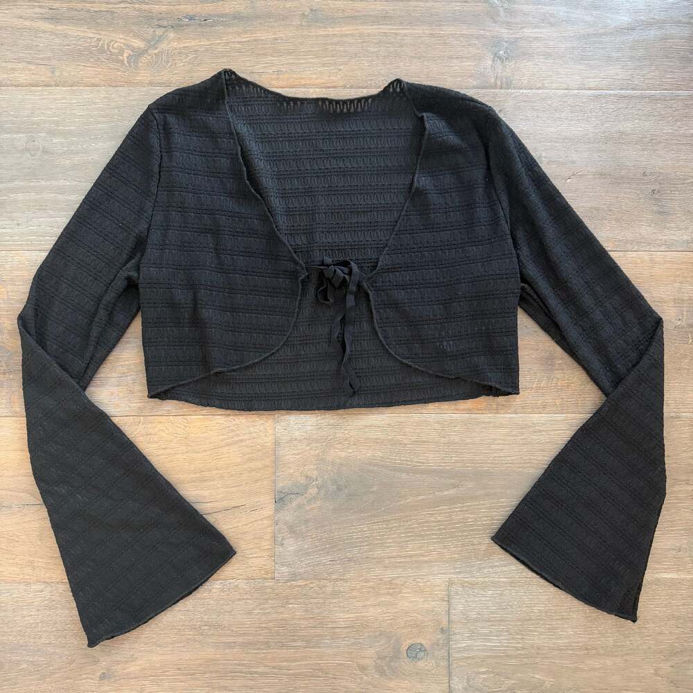 Jersey Solid Black Texture Crop Cardigan Bell Sleeve Tie Front Wimsigoth Fairy S